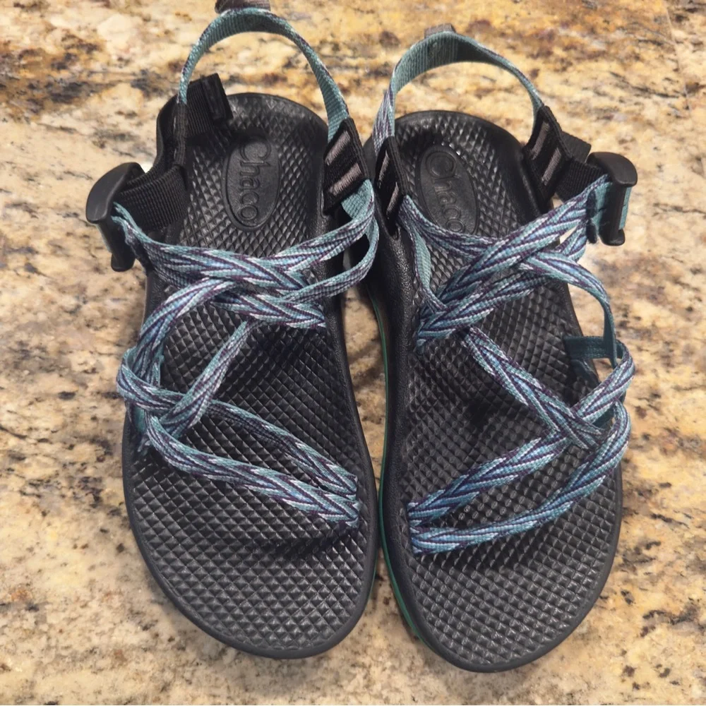 Chaco Strappy Sandals in Black with Teal and Blue Braided Straps